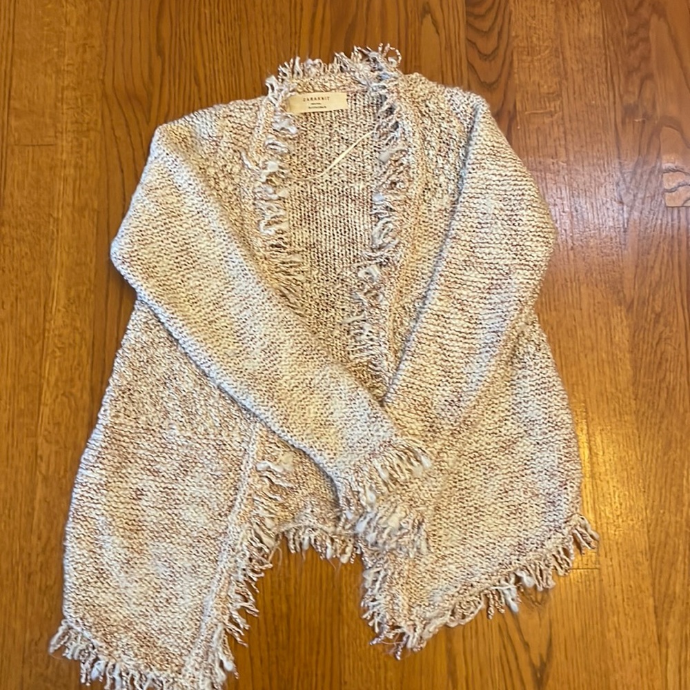 Zara White/Cream Red Sparkle Cardigan with Fringe All Around